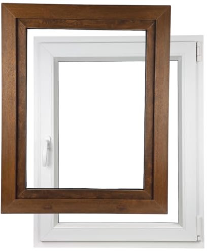 ALUCON Fenster 600x800 mm – Kunststofffenster 60x80 cm – Flügelfenster Innen Weiß/Außen Nussbaum – DIN Rechts
