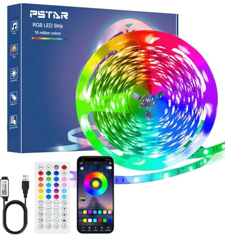 PSTAR LED Strip Streifen 8M, mit Fernbedienung&App&Musik Sync, Bluetooth Smart LED Strip Self-Adhesive, Timer Setting for Gaming Room, Room, Kitchen, Party