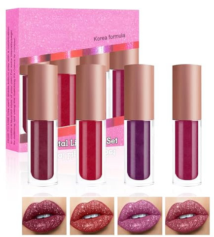 Métallique Briller Rouge à Lèvres, 4pcs Couleurs Glitter Lip Kit,Gloss à Lèvres Pailleté à Haute Brillance,Longue Durée, Résistant à l'eau, Non Collant, Peut être offert Comme Cadeau de Noël à un ami