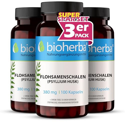 Flohsamenschalen Kapseln – 300 Stück mit 380 mg gemahlenem Psyllium Husk Pulver und Chrom – zur Unterstützung des normalen Energiestoffwechsels von BIOHERBA PZN 19555019