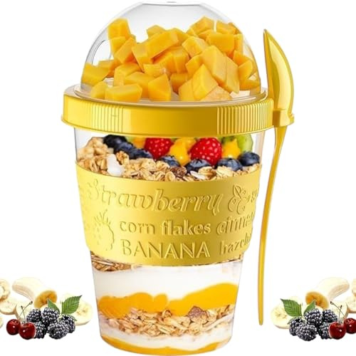 Pro Home Yoghurtkruka med sked 600 ml BPA-fri, återanvändbar, lufttät, diskmaskinssäker när du är på språng, yoghurt, krukor med lock, museli, flingbehållare, över natten, havre burk förvaring (gul)