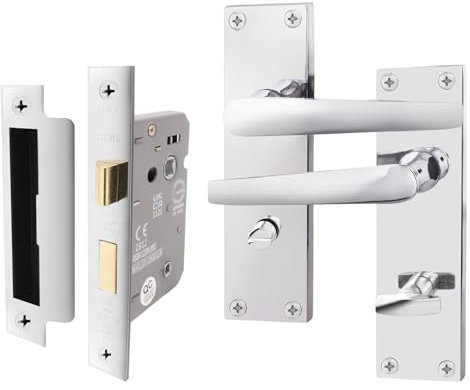 EAI Polished Chrome Bathroom Door Handle Set | 1 Pair Bathroom Handles on Backplate with Lock (64mm) | Straight Pattern