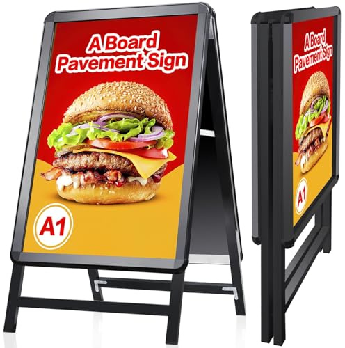 VAIIGO A Board Gehweg-Schilderrahmen, A1, doppelseitig, mit Aluminium-Klapprahmen, Schilderständer für den Außenbereich, strapazierfähig, Poster, Menüständer, Werbungsständer, Schwarz