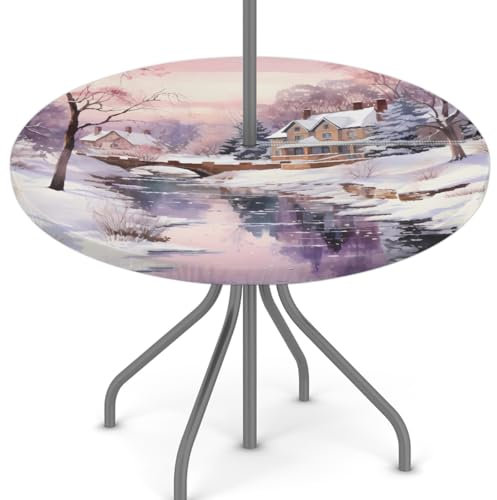 Woltant Nappe ronde avec trou de parasol et fermeture éclair facile à nettoyer avec bords élastiques pour jardin, terrasse, barbecue (paysage d'hiver)