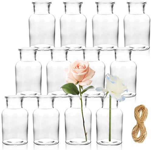 Exquilnova 12 PCS Flower Vase,10cm Height 125ml Small Glass Vase Set with 5M Jute Twine,Mini Glass Bud Vases for Table Decoration Living Room,Home,Office,Wedding
