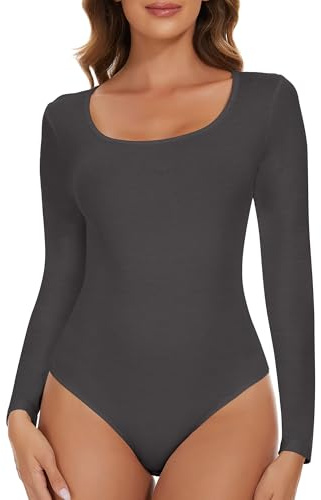 SHAPERIN Dam långärmad rund hals långärmad bodysuit långärmad bodysuit ledig rund hals jumpsuit topp, Mörkgrå, S