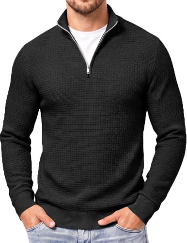 COOFANDY Pull Homme Col Demi-Zip Hiver Chaud en Maille Tricotée Haut à Manches Longues et Col Montant Style Casual ou Travail Texturé