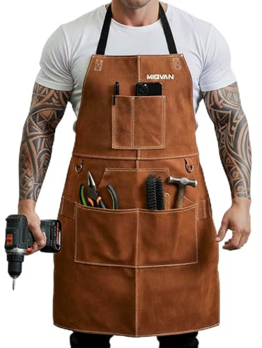 MIGVAN Leather Welding Work Apron 24 X 36 with 9 Tool Pockets, Heat & Flame Resistant Apron, Cowhide Blacksmith Welder Apron for Welders Men Women, Adjustable M to XXXL