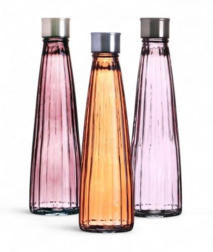 Set di 3 bottiglie d'acqua in vetro vintage, 750 ml, struttura lineare, bottiglie di vetro colorate con tappo a vite, bottiglia, caraffa per acqua, succhi e bevande, colori pastello (lineare viola