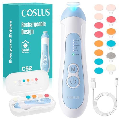 COSLUS C52 Rechargeable Baby Nail File: Cordless Baby Nail Trimmer Electric, Baby Nail Clipper with 5 Speeds & 6 Grinding Heads for Baby Kid, CPC Certified & Quiet Design - Safe for Sleep Trim, Blue
