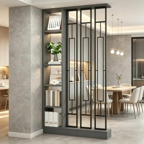 Colonna divisoria per ingresso dal pavimento al soffitto - Divisorio indipendente con ripiani, facile da montare, decorazione indipendente per camera da letto e ufficio (C Grey+Black, 120cm/47.2in)