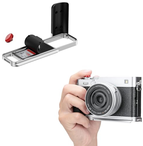 JJC Handgrepp och fjäderknapp i metall kompatibel med Fujifilm X-E5, silver | Snabbfrigörande för Arca, 0,2 cm - 20 hål, kompatibel med Peak Design Capture Clip, förbättrat grepp