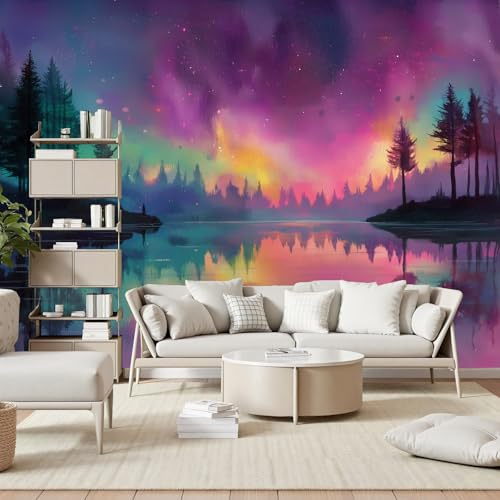 Gaqinhh Forêt Rivière Jungle Papier Peint Panoramique, Aquarell Bunt Aurora Landschaft Papier Peint Salon, Tapisserie Murale Intissé Wallpaper 3d Chambre Cuisine Salle de Bain, 350 x 256 cm