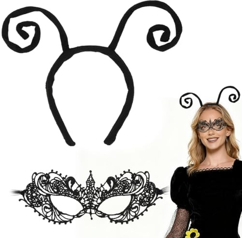 2 Stück schwarze Ameisenantenne Haarband+Spitzenmaske,Karneval Fühler Haarreifen,Damen Sexy SpitzeMaskerade Masken,Karneval Deko Zubehör