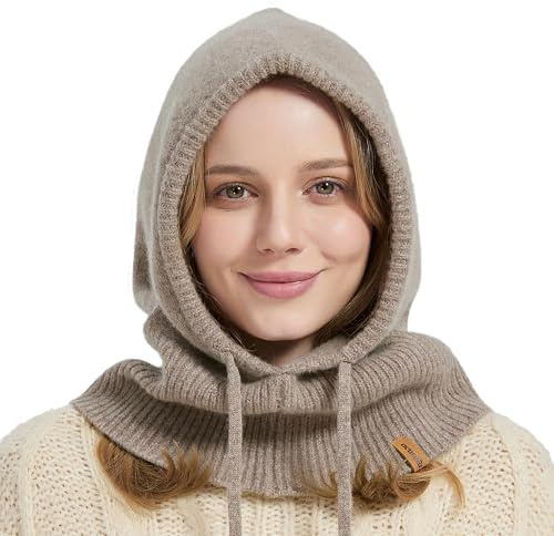 ACUSHLA 100% Merino Wool Balaclava, Hooded Scarf Hat, Warm Winter Knit