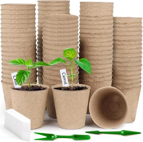 NCKIHRKK Godets pour Semis 8cm, 202 Pièces Kit de Pots de Semis en Fibre, Godet de Rempotage avec Étiquettes et Outils, sans Tourbe, sans Repiquage, pour Serre Jardin Potager Fleur Semis
