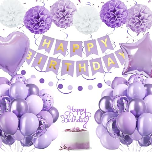Decoraciones de cumpleaños color lavanda, decoraciones de fiesta color morado claro para mujeres y niñas, globos de cumpleaños color morado pastel con pancarta, pompones y adorno para pastel
