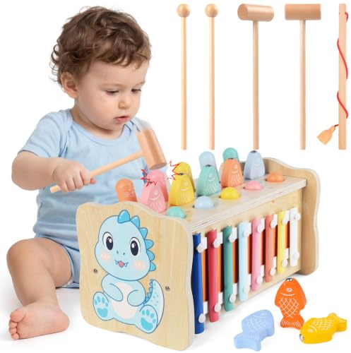 Tokiyis Jouet Bebe 1 an, Dinosaure 4-en-1 Jouet en Bois Montessori, Xylophone Bébé, Jeu Pêche, Motricité Bébé, Jeux Educatif Jouet d'Éveil Cadeau Anniversaire 1 2 3 Ans Fille Garcon