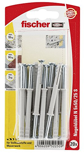 Fischer Nageldübel N 5X50/30 S SB-KARTE, 20 x Nagelschraube 3,5 x 58 Z, vormontiert, 052250