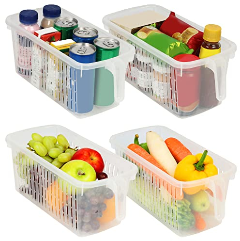Kurtzy 4 Pack Kitchen Fridge & Cupboard Storage Containers with Handles - 32cm/12.6 Inches Overall Length - Clear Plastic Refrigerator Tubs for Bathroom, Pantry, Drawer, Freezer and Home
