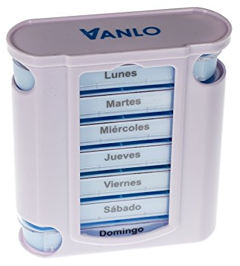 Pastillero en torre con divisiones por días de la semana y 4 compartimentos en cada una, en español