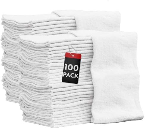 Nabob Wipers Auto Mechanic Shop Towels 100 Pack Bulk Rags 100% Cotton Commercial Grade Shop Rags Size 14x14 (100 Pack, White)
