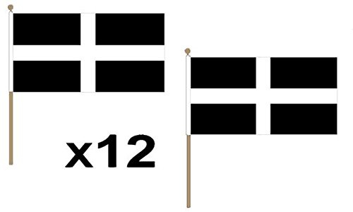 Pack Of 12 (9 x 6) Cornwall Cornish St Piran Hand Waving Flags 30cm Wooden Pole Ideal For Party Conferences Office Display