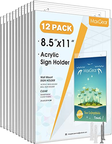 MaxGear Skylthållare i akryl 8,5 x 11 tum klar väggmonterad ram bonus med monteringsskruvar, perfekt för hem, kontor, butik, restaurang-vertikal, 12-pack