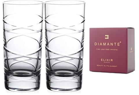 DIAMANTE 2pcs Set Hand Cut Jasper Crystal Hi Ball Glasses in a Burgundy Elixir Gift Box