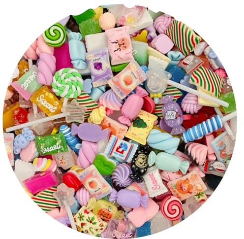 Ulalaza 50pcs Mischset mit Harzzubehör DIY-Dekorationen aus Harz Perlen Süßigkeiten Obst und Kuchen Bastelmaterial für handgefertigte Kunsthandwerksartikel