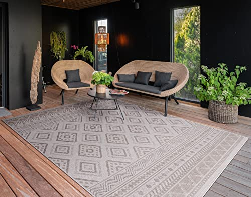 Paco Home Outdoor Teppich Flachgewebe Modern Boho-Style wetterfest & UV-beständig Ideal für Terrasse Balkon Wohnzimmer & Küche, Grösse:160x220 cm, Farbe:Beige 2
