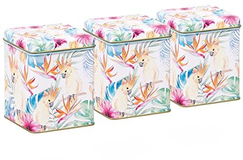 tea4chill 3 Stk Teedosen für losen Tee 100g, Gewürzdosen Paradise, Metall, eckig mit Scharnierdeckel, vintage Design, 75 x 75 x 95mm (LxBxH)
