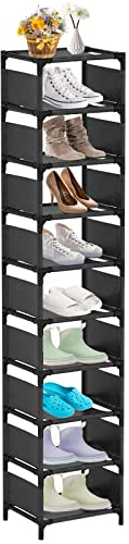UrMsun 10 Tiers Vertical Shoe Rack, Tall Small Narrow Space Saving Shoe Storage Organizer for Entryway Door Single Pairs Sturdy Shoe Shelf (10 Tiers) (Black),33 x 28 x 160 cm
