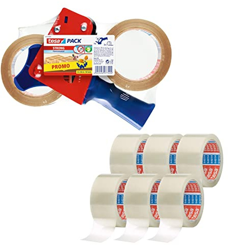 tesa Pakettejpdispenser och Tesapack paketband i en uppsättning – 2 x högkvalitativa förpackningstejp inklusive 1 dispenser – transparent – 66 m x 50 mm (promopack + 6 reservrullar)