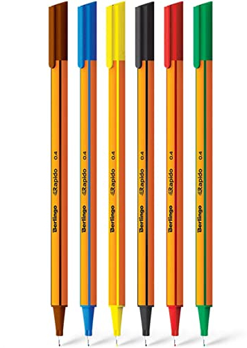 Berlingo Fineliner Set, 0.4mm, dreieckige Form, Farbige Stifte, metal Spitze, Schreiben, für das Büro, das Home Office oder die Schule und Uni, Serie Rapido, mix Farben (6)