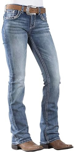 PEIHOT Jeans för kvinnor 90-talet vintage bootcut jeans hög stretch mitt uppgång raka ben rippade jeans stövel klipp dra på jeansbyxor, 201-mellanblå, M