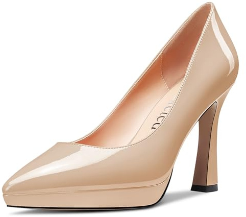 Saekcted Women High Stiletto Platform Heel Pointed Toe Pumps Slip-on Wedding Office 3.9 Inches Heels Shoes Beige 8 M US