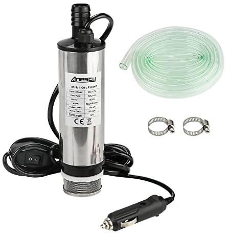 Anesty Water Pump Diesel Fuel Transfer Pump DC 12V Φ51mm for Water Oil Liquid Diesel, Stainless Steel Submersible Pump with Cigarette Plug, Filter Removable | 3 Meter Power Cord + Hose, Hose Clamps