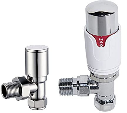 BOSUGE Válvulas termostáticas de radiador TRV en ángulo cromadas y Blancas de diseñador de 15 mm Grifo de calefacción Central y válvulas angulares manuales
