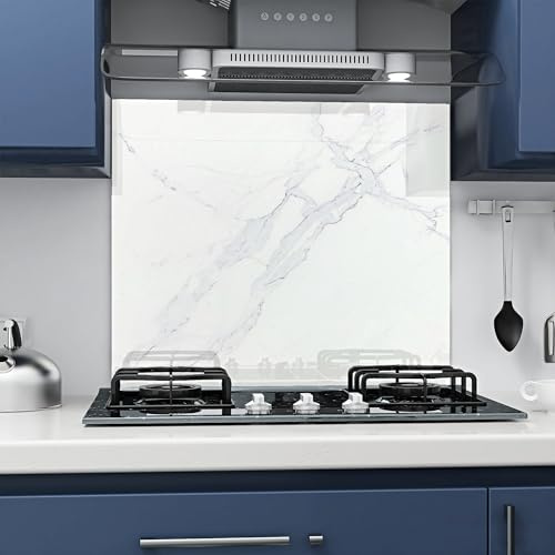 Home Supplies Tempered Glass Splashback for Kitchen, 6mm Toughened Glass Heat Resistant Splashbacks for Cookers (60X75, White Marble Glass)
