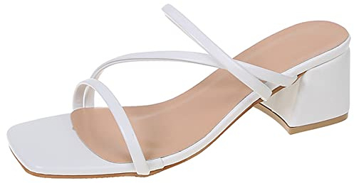 OALEEN Sandales Talon Femme Eté Confortable Bout Carré Lanière Nu-pieds Style Cuir Plage Soirée Mariage Chaussures Blanche 44