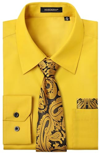 HISDERN Camisa Hombre Amarillo Manga Larga Formal Camisas y Corbata Elegante Camisa de Vestir de Negocios Boda con Bolsillo Regular Fit L