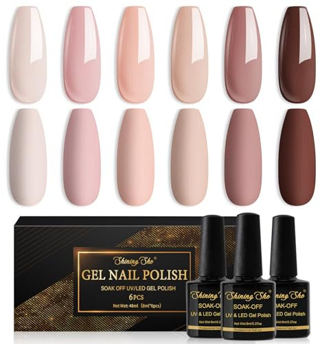 Shining She Gel Nail Polish, 6 PCS Nude Pink Brown Pastel Gel Polish Set Soak-Off UV/LED Nail Polish Gel Manicure for Nail Art Salon DIY Home, 8ML