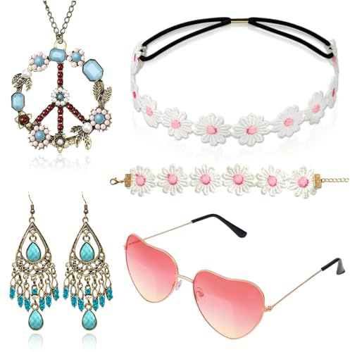 Alintor Hippie Accessoires für Schlagermove Outfit Damen, 5 Stück Hippie Kostüm Damen Accessoires, Flower Power Zubehör für 70er Jahre Bekleidung, Peace Kette, Brille