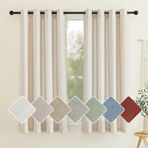 PONY DANCE Cortinas de Lino Cortinas de Cocina Ventana 2 Piezas Cortinas Translúcidas con Ojales Visillos Cortos para Ventanas Linen Curtains, 140x145cm(AnchoxAlto), Beige