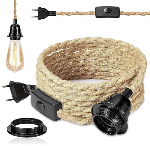 Lustre Corde de Chanvre Câble 4.5m, Douille E27 Interrupteur avec Fil Cable Ampoule, DIY Suspension Luminaire Lampe Créative Lumière Pendante Industrielle, pour Maison, Chambre, Bar