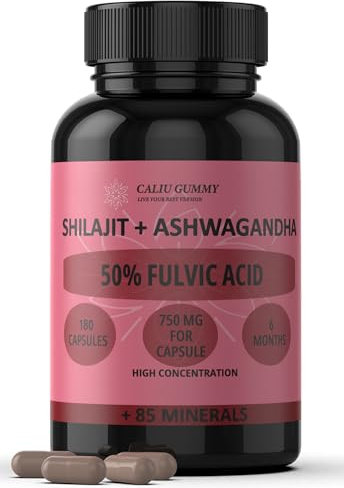 CALIU GUMMY Shilajit Kapseln hochdosiert mit Ashwagandha | 1600 mg Tagesdosis | 50% Fulvinsäure & 85 Mineralien | Original Himalaya 10:1 Extrakt | 180 vegane Kapseln für Energie & Vitalität