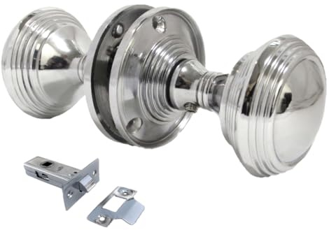 Queen Anne Reeded Mortice Door Knobs, Interior Door Knobs for Home, Round Internal Door Knob with Tubular Latch - Durable Chrome Door Knobs (1 Pair of KNOBS + Tubular Latch)