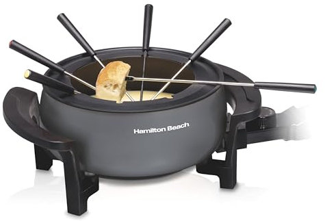 Hamilton Beach 86202 12 Cup Electric Fondue Pot Set with Temperature Control, 6-Color Coded Forks, for Cheese, Chocolate, Hot Oil, Broth, Ceramic Aluminum Plastic, Gray