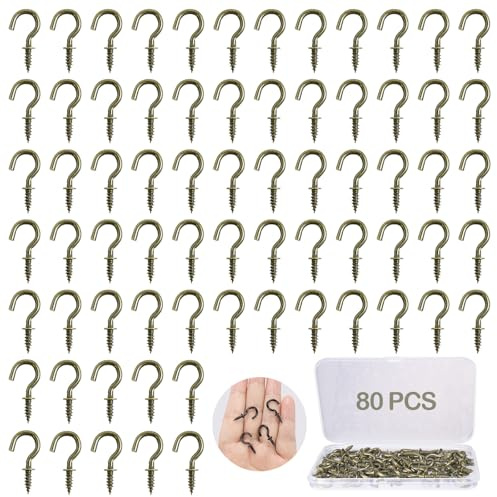 ZFKXGS 80 PZ Ganchos para Colgar Pequeño 1/2'' Ganchos de Tornillo Bronce Gancho de Rosca Ganchos de Techo Atornillables Gancho de Pared Metal para Colgar Planta Gabinete Luces Colgante Llave con Caja